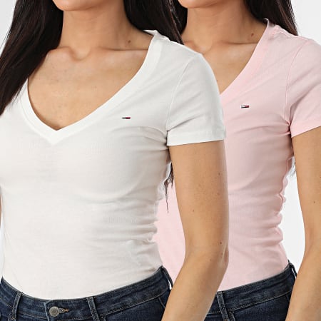 Tommy Jeans - Lot De 2 Tee Shirts Slim Col V Femme 1367 Blanc Rose Clair