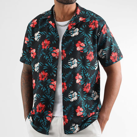 LBO - 1922 Zwart Groen Rood Overhemd met Bloemenprint Korte Mouw