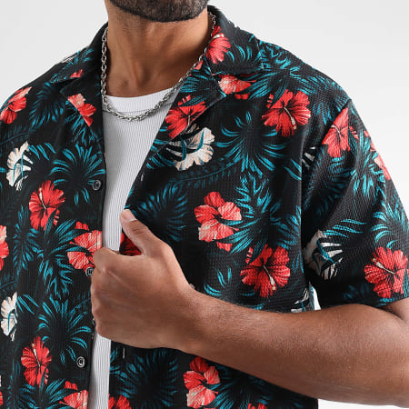 LBO - 1922 Zwart Groen Rood Overhemd met Bloemenprint Korte Mouw