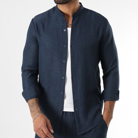 LBO - Chemise Manches Longues Effet Lin Col Officier 1924 Bleu Marine