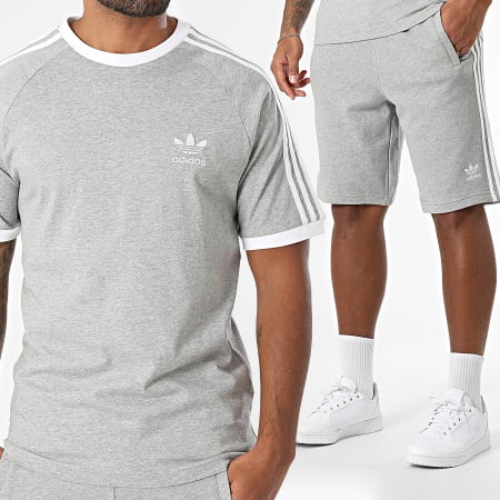 Adidas Originals - Ensemble Tee Shirt Et Short Jogging A Bandes 3 Stripes IA4848 IU2340 Gris Chiné