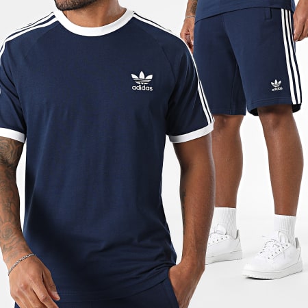 Adidas Originals - Ensemble Tee Shirt Et Short Jogging A Bandes 3 Stripes IA4850 IM9424 Bleu Marine Blanc