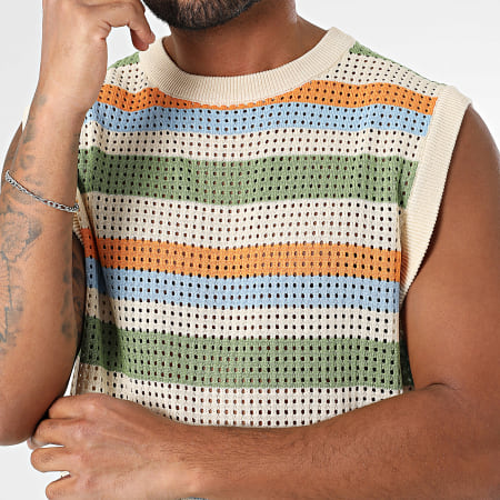 Frilivin - Débardeur En Mailles A Rayures Beige Bleu Clair Orange Vert
