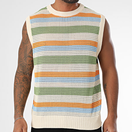 Frilivin - Débardeur En Mailles A Rayures Beige Bleu Clair Orange Vert