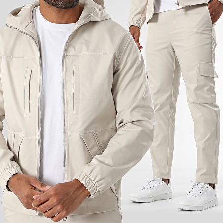 Frilivin - Conjunto Chaqueta Con Cremallera Capucha Y Pantalón Cargo 506 Beige