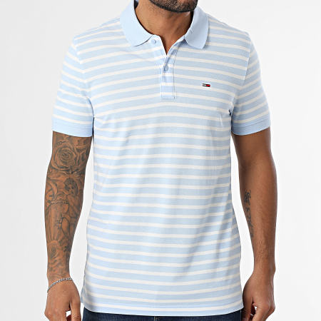 Tommy Jeans - Polo Manches Courtes A Rayures Slim Placket 0676 Bleu Clair Blanc