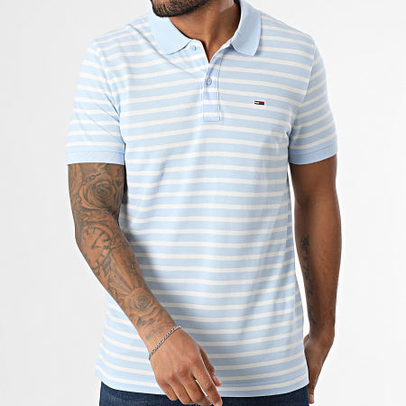 Tommy Jeans - Polo Manches Courtes A Rayures Slim Placket 0676 Bleu Clair Blanc