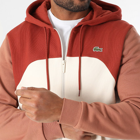Lacoste Sweat Zippé Capuche Logo Brodé Crocodile Beige Rouge