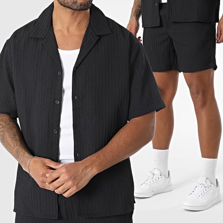 Jack And Jones - Massimo Resort Zwart Shirt Met Korte Mouwen En Gestreepte Jogging Short Set