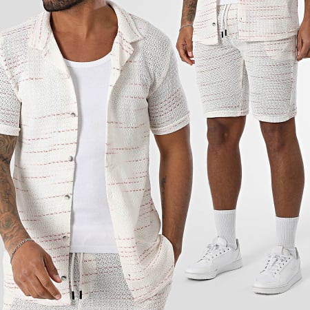 Mackten - Ensemble Chemise Manches Courtes Et Short Jogging En Mailles 559 Beige Clair Rouge