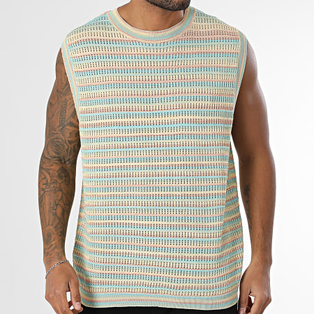 Frilivin - Débardeur Ajouré A Rayures 082 Bleu Clair Jaune Beige