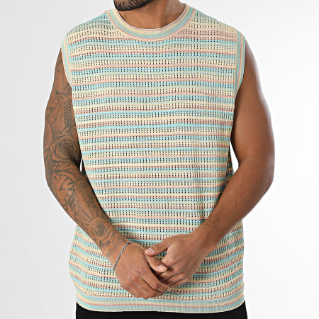 Frilivin - Débardeur Ajouré A Rayures 082 Bleu Clair Jaune Beige