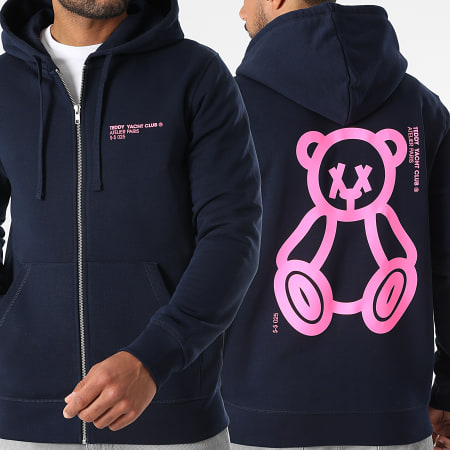 Teddy Yacht Club - Sweat Zippé Capuche Fat Outline Bleu Marine Rose Fluo