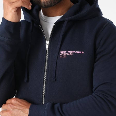 Teddy Yacht Club - Sweat Zippé Capuche Fat Outline Bleu Marine Rose Fluo