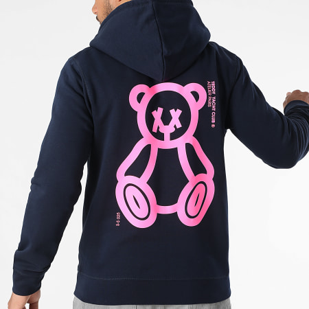 Teddy Yacht Club - Sweat Zippé Capuche Fat Outline Bleu Marine Rose Fluo