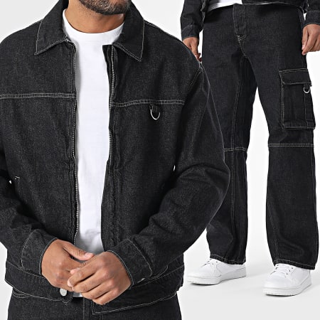 KZR - Ensemble Veste Jean Et Pantalon Cargo Jean 187 Noir