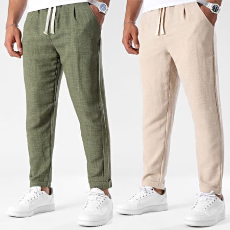 LBO - Lot De 2 Pantalons Effet Lin 2023 Beige Vert Kaki