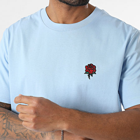 Luxury Lovers - Tee Shirt Oversize Large Embroidery Roses Bleu Clair