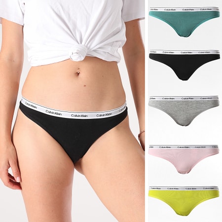 Calvin Klein - Lot De 5 Strings Femme Icon Logo QD5221E Noir Gris Chiné Rose Vert Foncé Vert Lime