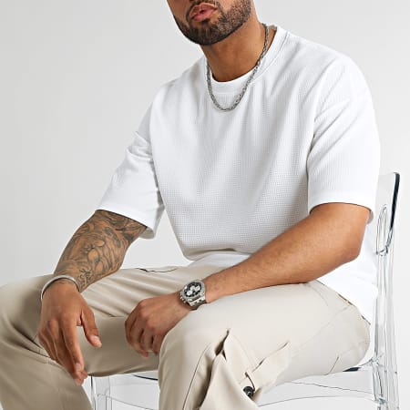 LBO - Lot De 2 Tee Shirt Texturé Waffle Large 2061 Blanc Bleu Clair