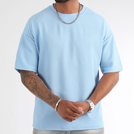 LBO - Lot De 2 Tee Shirt Texturé Waffle Large 2061 Blanc Bleu Clair