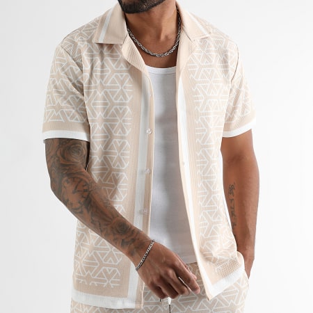 LBO - Ensemble Chemise Manches Courtes Et Short Jogging Imprimé 1629 Beige Blanc