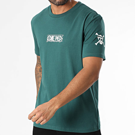One Piece - Tee Shirt Oversize Large Front And Sleeve Vert Bouteille Blanc