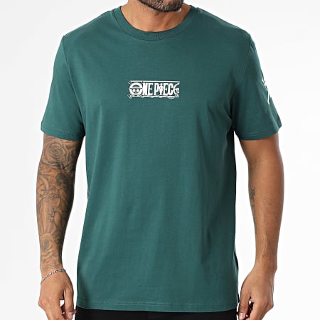 One Piece - Tee Shirt Oversize Large Front And Sleeve Vert Bouteille Blanc