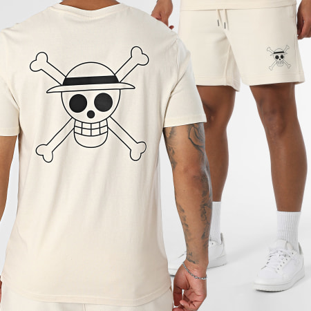 One Piece - Ensemble Tee Shirt Et Short Jogging Bundle Mugiwara Beige Noir