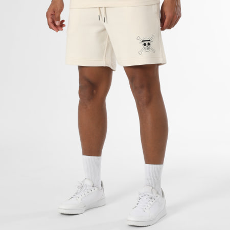 One Piece - Ensemble Tee Shirt Et Short Jogging Bundle Mugiwara Beige Noir