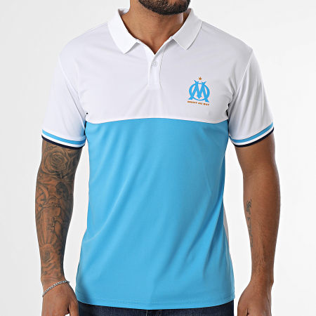 OM - Polo Manches Courtes Polyester Color Block M24093C Blanc Bleu Clair