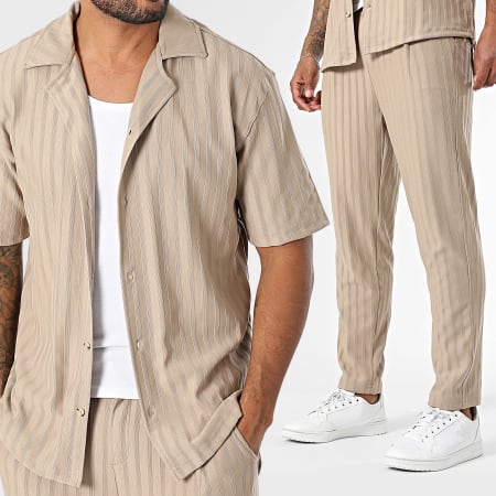Mackten - Ensemble Chemise Manches Courtes Et Pantalon A Rayures 139 Beige