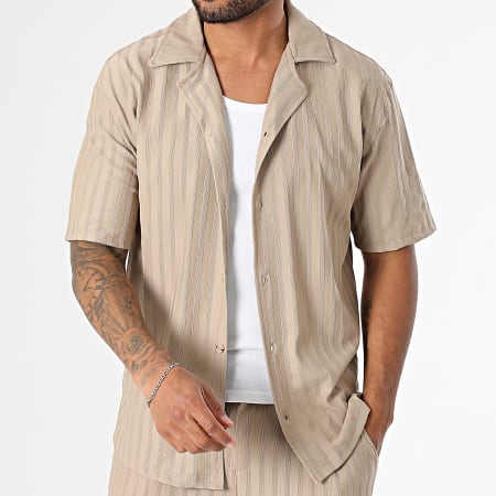 Mackten - Ensemble Chemise Manches Courtes Et Pantalon A Rayures 139 Beige