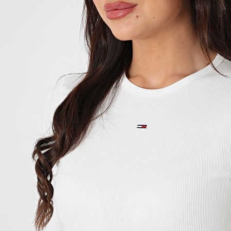 Tommy Jeans - Tee Shirt Manches Longues Slim Femme Essential Rib 7387 Blanc