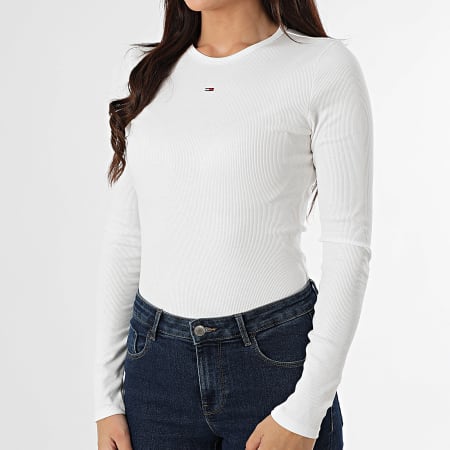 Tommy Jeans - Tee Shirt Manches Longues Slim Femme Essential Rib 7387 Blanc