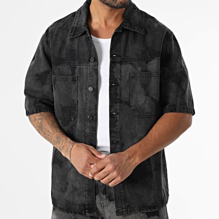 1AB Black Short Sleeve Shirt And Jean Shorts Set