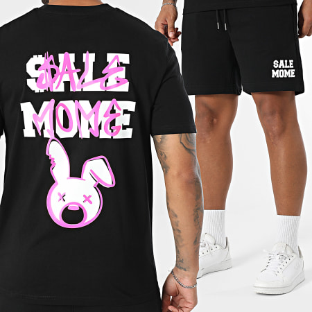 Sale Môme Paris - Ensemble Tee Shirt Et Short Jogging Lapin Spray Noir Rose Fluo