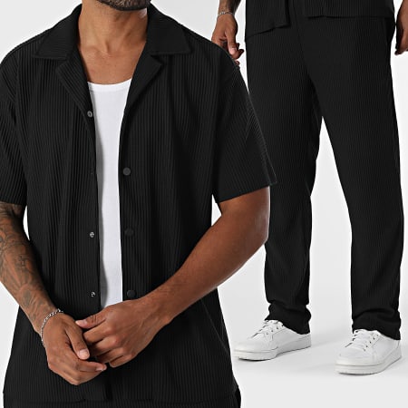 Classic Series - 588 Conjunto de camisa preta de manga curta e calças com nervuras