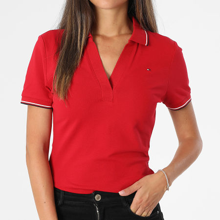 Tommy Hilfiger - Polo Manches Courtes Slim Col V Femme 1985 Tipping 5736 Rouge