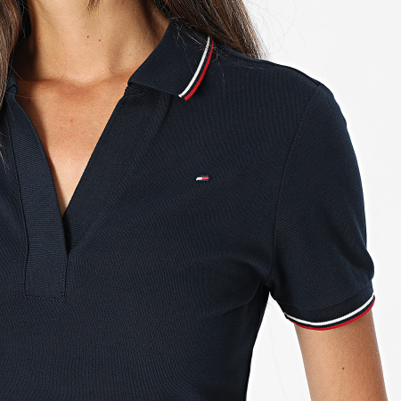 Tommy Hilfiger - Polo Manches Courtes Col V Slim Femme 1985 Tipping 5736 Bleu Marine