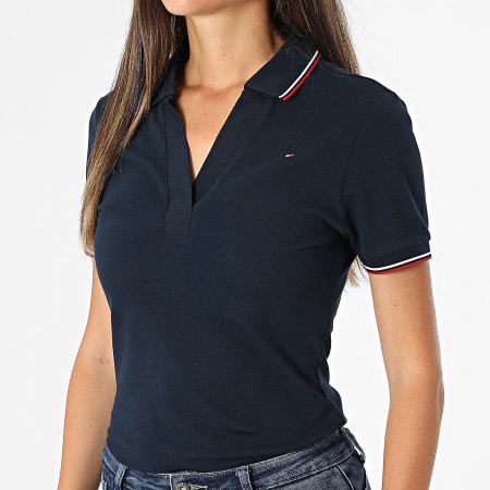 Tommy Hilfiger - Polo Manches Courtes Col V Slim Femme 1985 Tipping 5736 Bleu Marine
