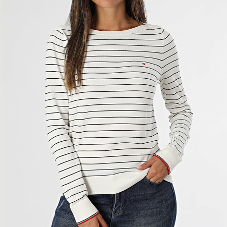 Tommy Hilfiger - Pull A Rayures Femme Jersey Stitch Boat 0099 Blanc Bleu Marine