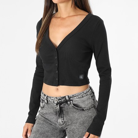 Calvin Klein - Crop Top Côtelé Manches Longues Femme LV047C204G Noir