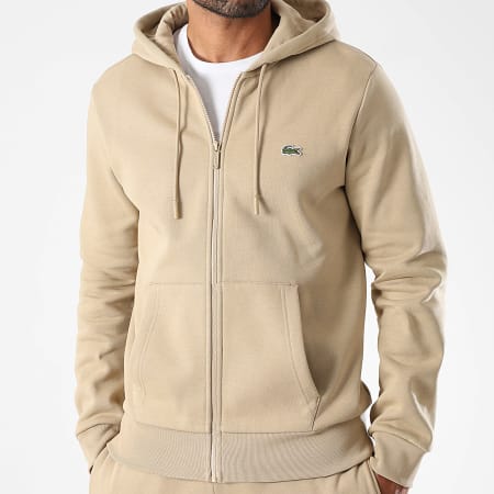 Hoodie Lacoste Pullover Beige Zip Hoodie Embroidered Logo