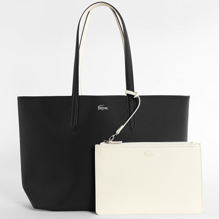 Lacoste - Lot Sac A Main Réversible Et Pochette Femme Logo Metallique Crocodile Noir Beige Clair
