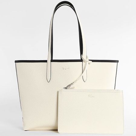 Lacoste - Lot Sac A Main Réversible Et Pochette Femme Logo Metallique Crocodile Noir Beige Clair