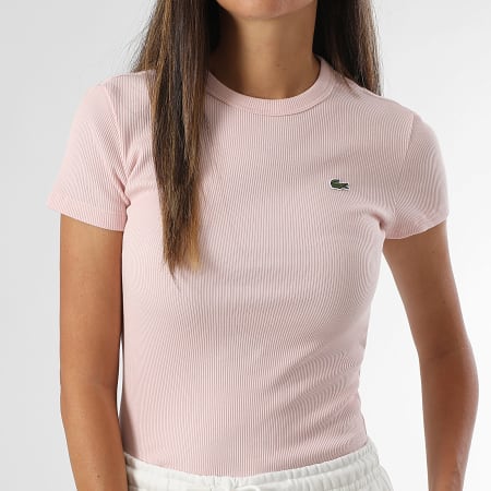 Lacoste - Tee Shirt Côtelé Femme Rib Logo Brodé Crocodile Slim Fit Rose