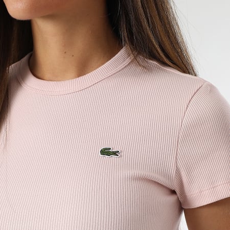 Lacoste - Tee Shirt Côtelé Femme Rib Logo Brodé Crocodile Slim Fit Rose