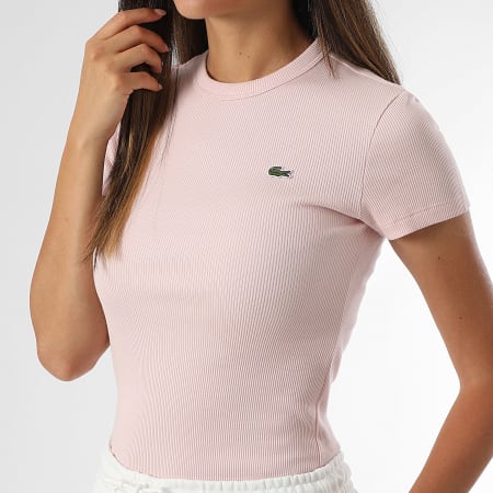 Lacoste - Tee Shirt Côtelé Femme Rib Logo Brodé Crocodile Slim Fit Rose