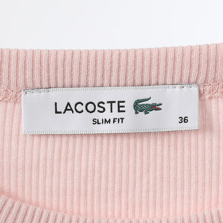 Lacoste - Tee Shirt Côtelé Femme Rib Logo Brodé Crocodile Slim Fit Rose